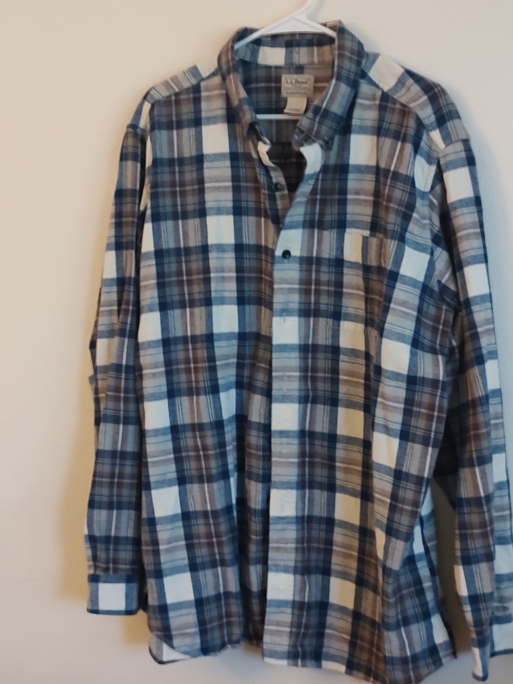 L.L. Bean Men's Plaid Button-Down Shirt in Blue, Brown & White